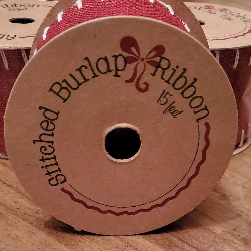 Dark Red Burlap Stitched Ribbon | 2.5" x 15' | 3 Rolls | RRR Home - Picture 3 of 3
